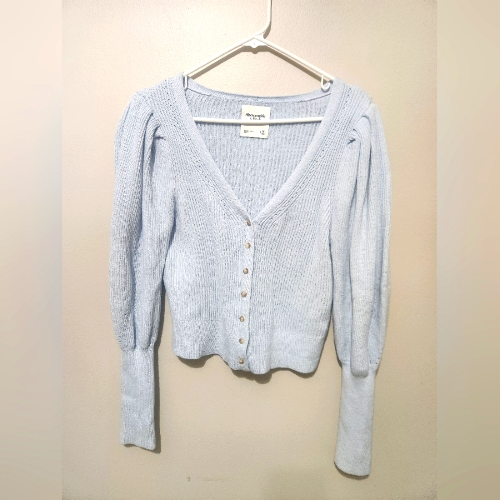 Abercrombie & Fitch Knit Puff Sleeve Cardigan Womens Medium Light Blue